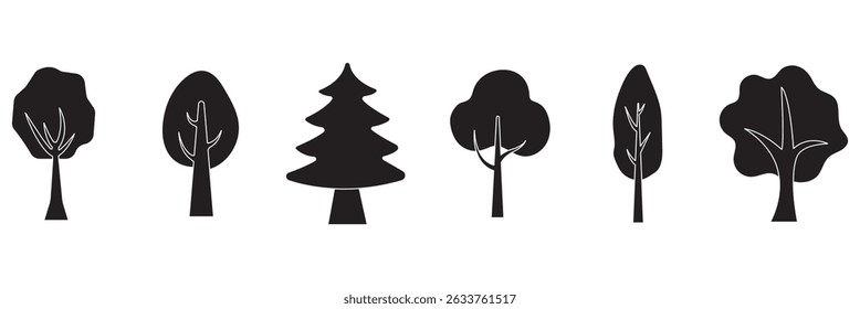 Thin line icon set of green trees in various shapes. Forest, nature, tree concept.  for architecture and landscape design drawing. Vector illustration in stroke fill in white. eps 10