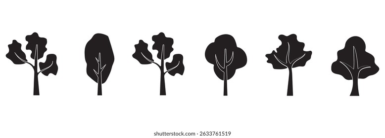 Thin line icon set of green trees in various shapes. Forest, nature, tree concept.  for architecture and landscape design drawing. Vector illustration in stroke fill in white. eps 10