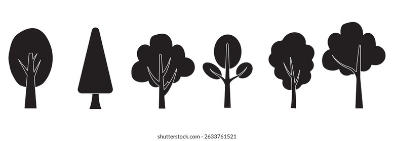 Thin line icon set of green trees in various shapes. Forest, nature, tree concept.  for architecture and landscape design drawing. Vector illustration in stroke fill in white. eps 10