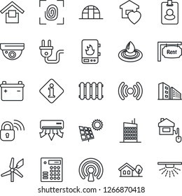 Thin Line Icon Set - greenhouse vector, warehouse storage, house with tree, sun panel, rent, office building, sweet home, city, control, power plug, fingerprint, wireless lock, water heater, battery