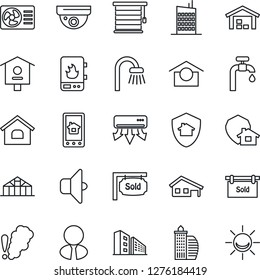 Thin Line Icon Set - greenhouse vector, bird house, warehouse storage, with garage, water supply, sold signboard, office building, estate agent, bathroom, city, heater, air conditioner, sound