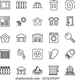 Thin Line Icon Set - greenhouse vector, warehouse storage, garage, plan, key, sweet home, control, socket, water, filter, washer, smoke detector, radiator, jalousie, gate, trash bin, sun panel, door