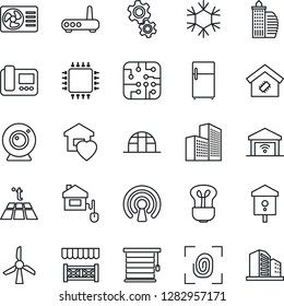 Thin Line Icon Set - greenhouse vector, bird house, office building, sweet home, smart, alcove, control, chip, fingerprint, wireless, router, web camera, snowflake, air conditioner, intercome, gear