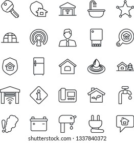 Thin Line Icon Set - greenhouse vector, house, with tree, water supply, estate search, agent, key, bathroom, insurance, eco, power plug, wireless, intercome, smoke detector, garage gate control
