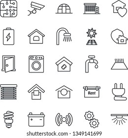 Thin Line Icon Set - greenhouse vector, warehouse storage, house, water supply, rent, office building, bathroom, sweet home, smart, chip, power plug, wireless, gear, washer, warm floor, jalousie