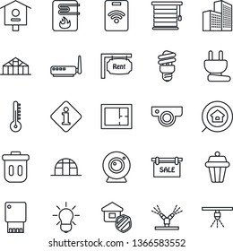 Thin Line Icon Set - greenhouse vector, bird house, office building, plan, sale, rent, estate search, insurance, power plug, irrigation, water heater, router, web camera, thermometer, bulb, jalousie