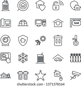Thin Line Icon Set - greenhouse vector, warehouse storage, house with tree, garage, sold signboard, estate search, sweet home, city, control, wireless lock, web camera, snowflake, intercome, pc, app