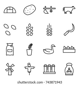 thin line icon set : greenhouse, potato, plow, cow, seeds, spikelets, sickle, flour, seedling, goose, windmill, scarecrow, grain elevator, fertilizer