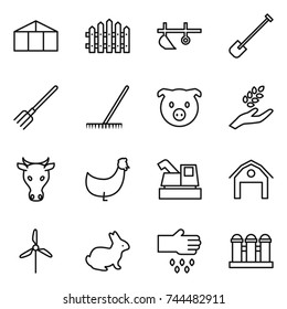 thin line icon set : greenhouse, fence, plow, shovel, fork, rake, pig, harvest, cow, chicken, harvester, barn, windmill, rabbit, sow, grain elevator