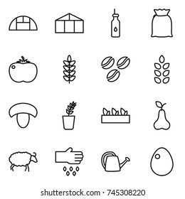 thin line icon set : greenhouse, vegetable oil, flour, tomato, spikelets, coffee seeds, mushroom, seedling, pear, sheep, sow, watering can, egg