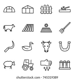 thin line icon set : greenhouse, fence, soil cutter, cow, field, fork, sickle, goose, horseshoe, sheep, tractor, sow, grain elevator