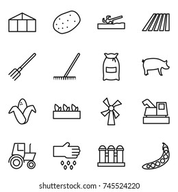 thin line icon set : greenhouse, potato, soil cutter, field, fork, rake, flour, pig, corn, seedling, windmill, harvester, tractor, sow, grain elevator, peas
