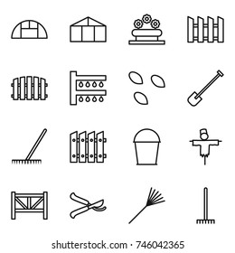 thin line icon set : greenhouse, flower bed, fence, watering, seeds, shovel, rake, bucket, scarecrow, farm, pruner