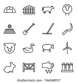thin line icon set : greenhouse, fence, cow, sheep, field, shovel, rake, sickle, pig, goose, windmill, rabbit, farm, sow, grain elevator