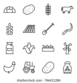 thin line icon set : greenhouse, potato, spikelets, cow, field, shovel, sickle, flour, corn, seedling, windmill, chicken, tractor, fertilizer