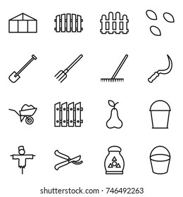 thin line icon set : greenhouse, fence, seeds, shovel, fork, rake, sickle, wheelbarrow, pear, bucket, scarecrow, pruner, fertilizer