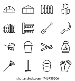 thin line icon set : greenhouse, fence, perishable, watering, shovel, sickle, wheelbarrow, bucket, pruner, fertilizer, rake, gloves