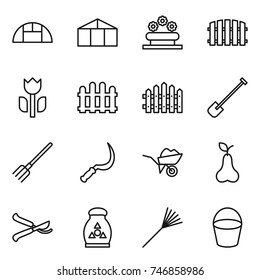 thin line icon set : greenhouse, flower bed, fence, perishable, shovel, fork, sickle, wheelbarrow, pear, pruner, fertilizer, rake, bucket