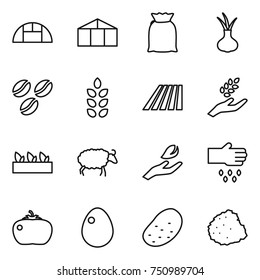 thin line icon set : greenhouse, flour, onion, coffee seeds, spikelets, field, harvest, seedling, sheep, hand leaf, sow, tomato, egg, potato, pile of garbage