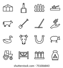 thin line icon set : greenhouse, scoop, fence, soil cutter, cow, shovel, rake, harvest, goose, horseshoe, sheep, tractor, farm, grain elevator, fertilizer