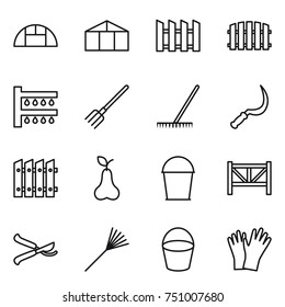 thin line icon set : greenhouse, fence, watering, fork, rake, sickle, pear, bucket, farm, pruner, gloves