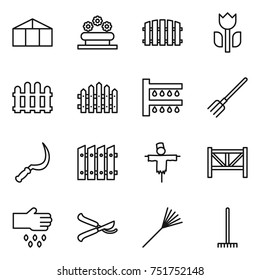 thin line icon set : greenhouse, flower bed, fence, perishable, watering, fork, sickle, scarecrow, farm, sow, pruner, rake