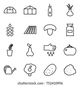 thin line icon set : greenhouse, vegetable oil, onion, spikelets, field, mushroom, flour, seedling, pear, sow, tomato, watering can, garden, potato, pile of garbage