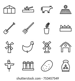 thin line icon set : greenhouse, soil cutter, cow, field, shovel, fork, seedling, windmill, chicken, barn, scarecrow, grain elevator, potato, fertilizer