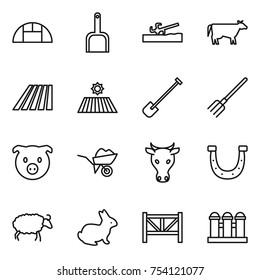 thin line icon set : greenhouse, scoop, soil cutter, cow, field, shovel, fork, pig, wheelbarrow, horseshoe, sheep, rabbit, farm fence, grain elevator