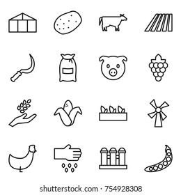 thin line icon set : greenhouse, potato, cow, field, sickle, flour, pig, grape, harvest, corn, seedling, windmill, chicken, sow, grain elevator, peas