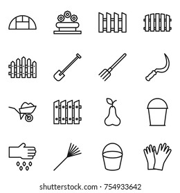 thin line icon set : greenhouse, flower bed, fence, shovel, fork, sickle, wheelbarrow, pear, bucket, sow, rake, gloves