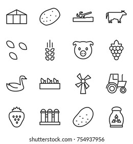 thin line icon set : greenhouse, potato, soil cutter, cow, seeds, spikelets, pig, grape, goose, seedling, windmill, tractor, strawberry, grain elevator, fertilizer