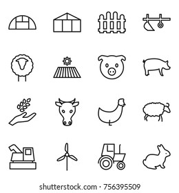 Thin line icon set : greenhouse, fence, plow, sheep, field, pig, harvest, cow, chicken, harvester, windmill, tractor, rabbit