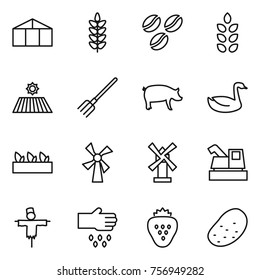 Thin line icon set : greenhouse, spikelets, coffee seeds, field, fork, pig, goose, seedling, windmill, harvester, scarecrow, sow, strawberry, potato