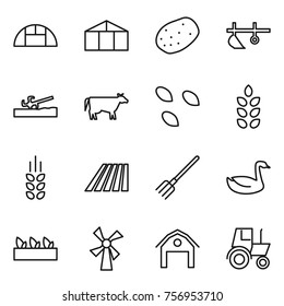 Thin line icon set : greenhouse, potato, plow, soil cutter, cow, seeds, spikelets, field, fork, goose, seedling, windmill, barn, tractor
