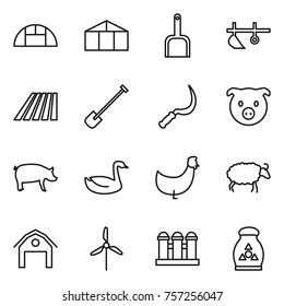 Thin line icon set : greenhouse, scoop, plow, field, shovel, sickle, pig, goose, chicken, sheep, barn, windmill, grain elevator, fertilizer