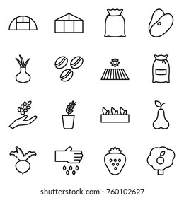 Thin line icon set : greenhouse, flour, beans, onion, coffee seeds, field, harvest, seedling, pear, beet, sow, strawberry, garden