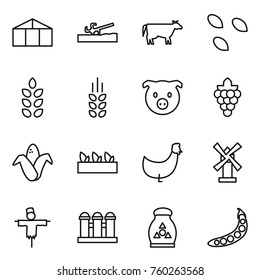 Thin line icon set : greenhouse, soil cutter, cow, seeds, spikelets, pig, grape, corn, seedling, chicken, windmill, scarecrow, grain elevator, fertilizer, peas