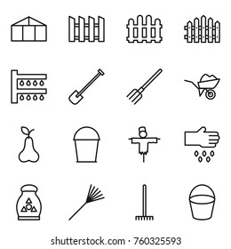 Thin line icon set : greenhouse, fence, watering, shovel, fork, wheelbarrow, pear, bucket, scarecrow, sow, fertilizer, rake