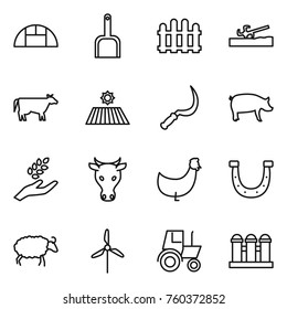 Thin line icon set : greenhouse, scoop, fence, soil cutter, cow, field, sickle, pig, harvest, chicken, horseshoe, sheep, windmill, tractor, grain elevator
