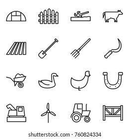 Thin line icon set : greenhouse, fence, soil cutter, cow, field, shovel, fork, sickle, wheelbarrow, goose, chicken, horseshoe, harvester, windmill, tractor, farm