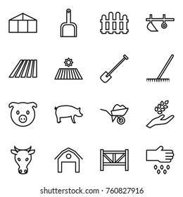 Thin line icon set : greenhouse, scoop, fence, plow, field, shovel, rake, pig, wheelbarrow, harvest, cow, barn, farm, sow