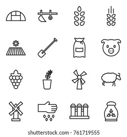 Thin line icon set : greenhouse, plow, spikelets, field, shovel, flour, pig, grape, seedling, windmill, sheep, sow, grain elevator, fertilizer