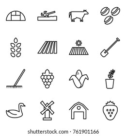 Thin line icon set : greenhouse, soil cutter, cow, coffee seeds, spikelets, field, shovel, rake, grape, corn, seedling, goose, windmill, barn, strawberry