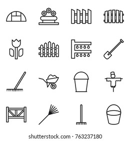 Thin line icon set : greenhouse, flower bed, fence, perishable, watering, shovel, rake, wheelbarrow, bucket, scarecrow, farm