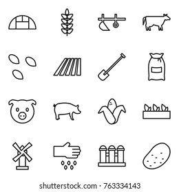 Thin line icon set : greenhouse, spikelets, plow, cow, seeds, field, shovel, flour, pig, corn, seedling, windmill, sow, grain elevator, potato