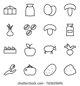 Thin line icon set : greenhouse, flour, eggs, mushroom, onion, coffee seeds, seedling, apple, sheep, beet, hand leaf, tomato, potato, pile of garbage