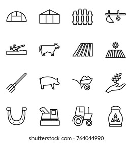 Thin line icon set : greenhouse, fence, plow, soil cutter, cow, field, fork, pig, wheelbarrow, harvest, horseshoe, harvester, tractor, fertilizer