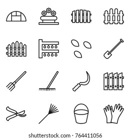 Thin line icon set : greenhouse, flower bed, fence, watering, seeds, shovel, fork, rake, sickle, pruner, bucket, gloves
