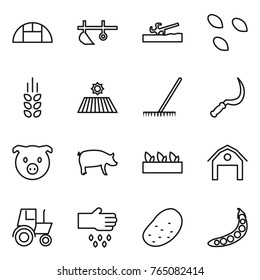 Thin line icon set : greenhouse, plow, soil cutter, seeds, spikelets, field, rake, sickle, pig, seedling, barn, tractor, sow, potato, peas